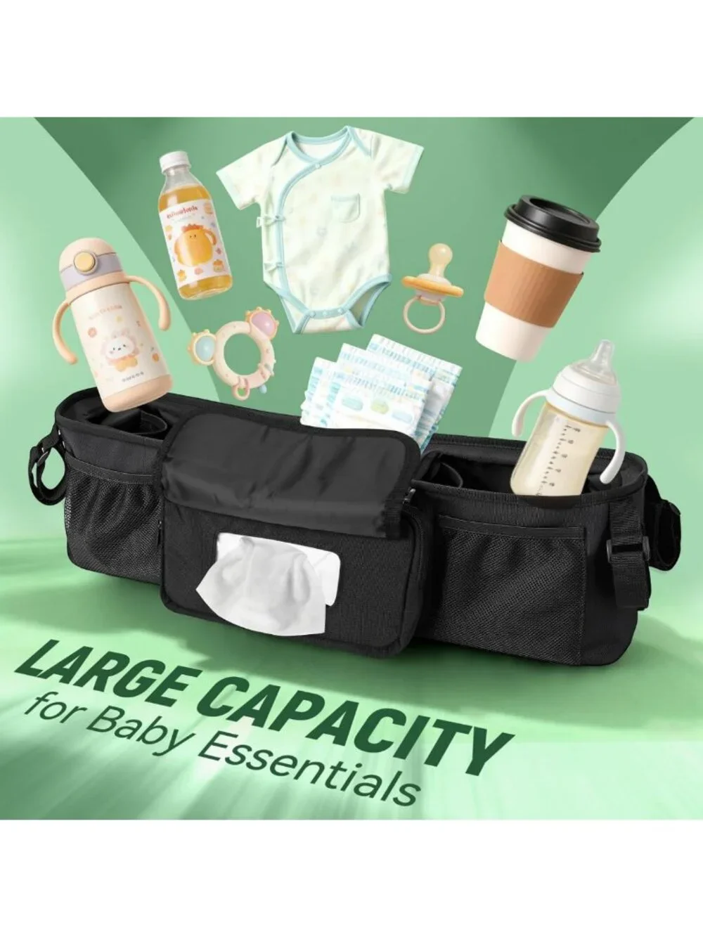 Double Stroller Organizer Caddy with Cup Holder | Side by Side Double Stroller
